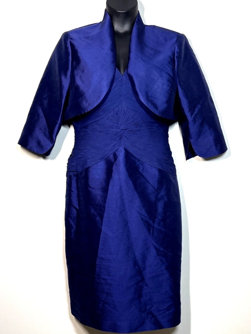 Adrianna Papell Occasions Dress 16W 
Navy Blue Silk bl knee bolero jacket mother